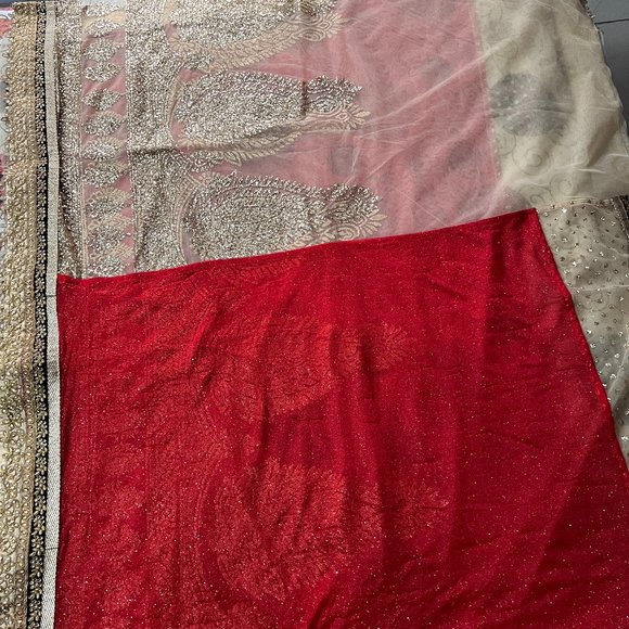 Shimmering Red and Cream Party Wear Half and Half Saree - Picture 3 of 11